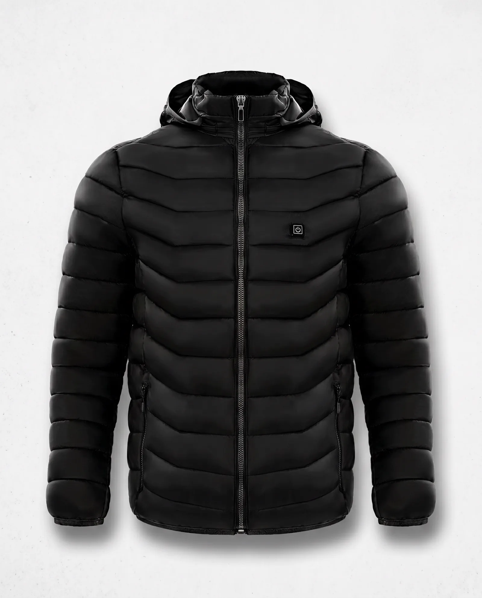 The heated puffer photographed front-on — quilted baffles and the insulated hood